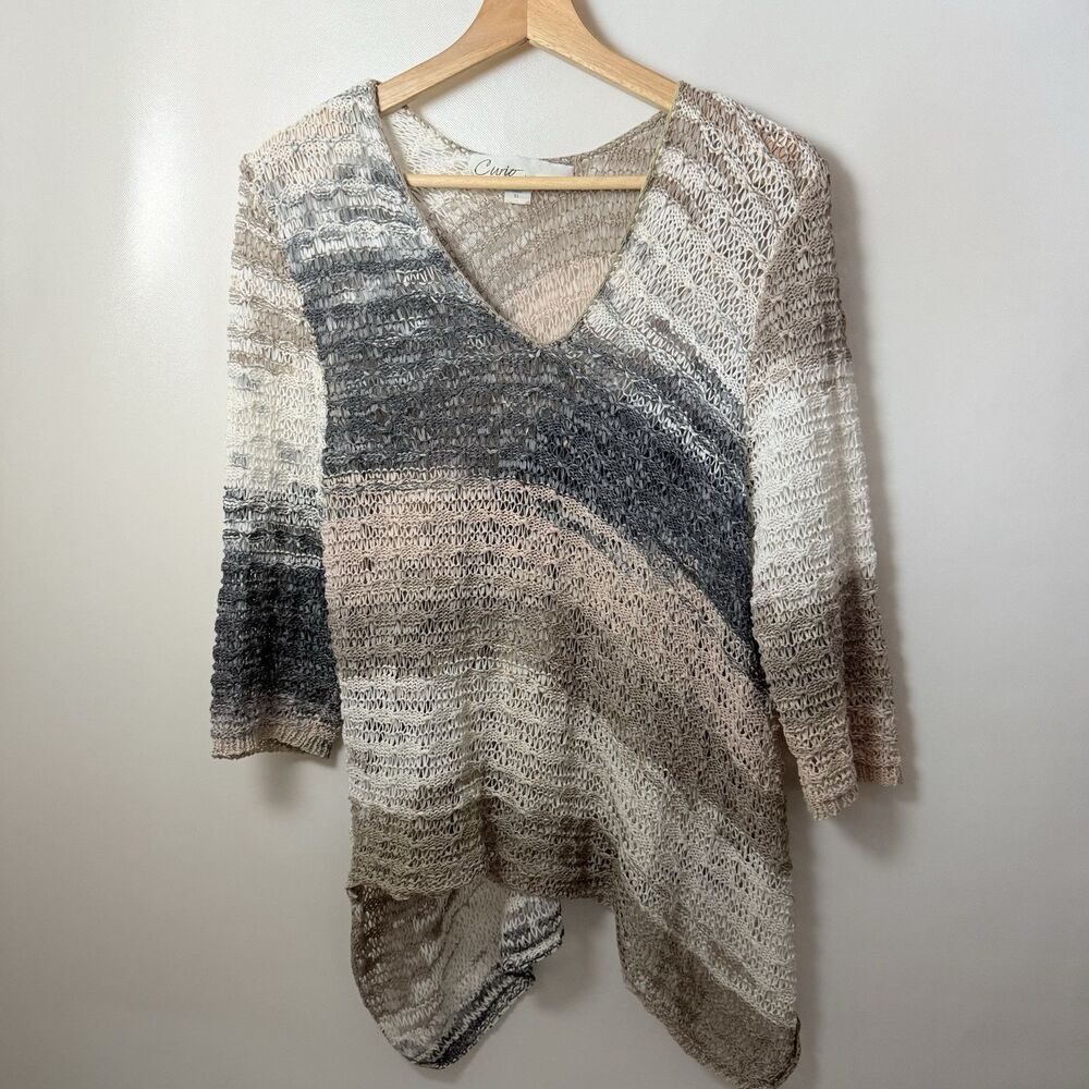Curio Ny Sweater XL Long Sleeve Open Weave Ribbon Muted Lagenlook Beachy